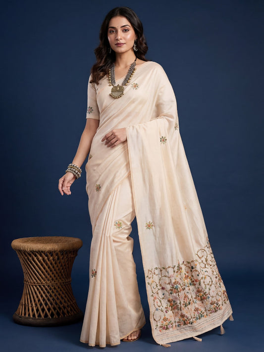 Tussar Silk Saree with Kashmiri Floral Arch Embroidery - Ressa