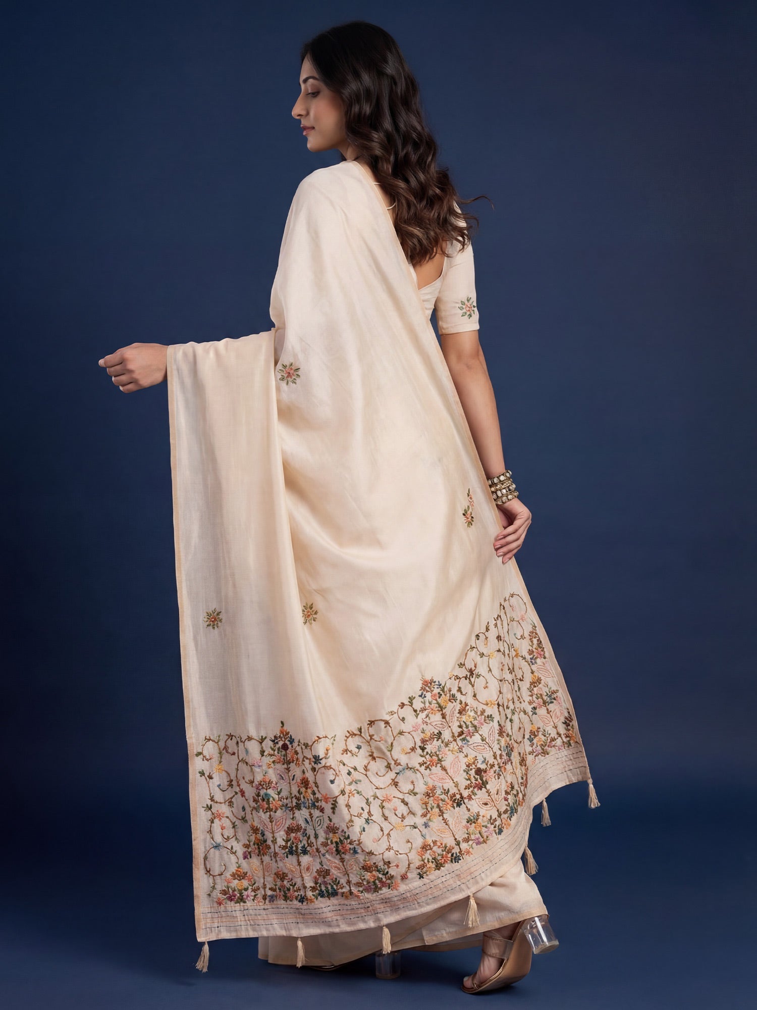 Tussar Silk Saree with Kashmiri Floral Arch Embroidery - Ressa