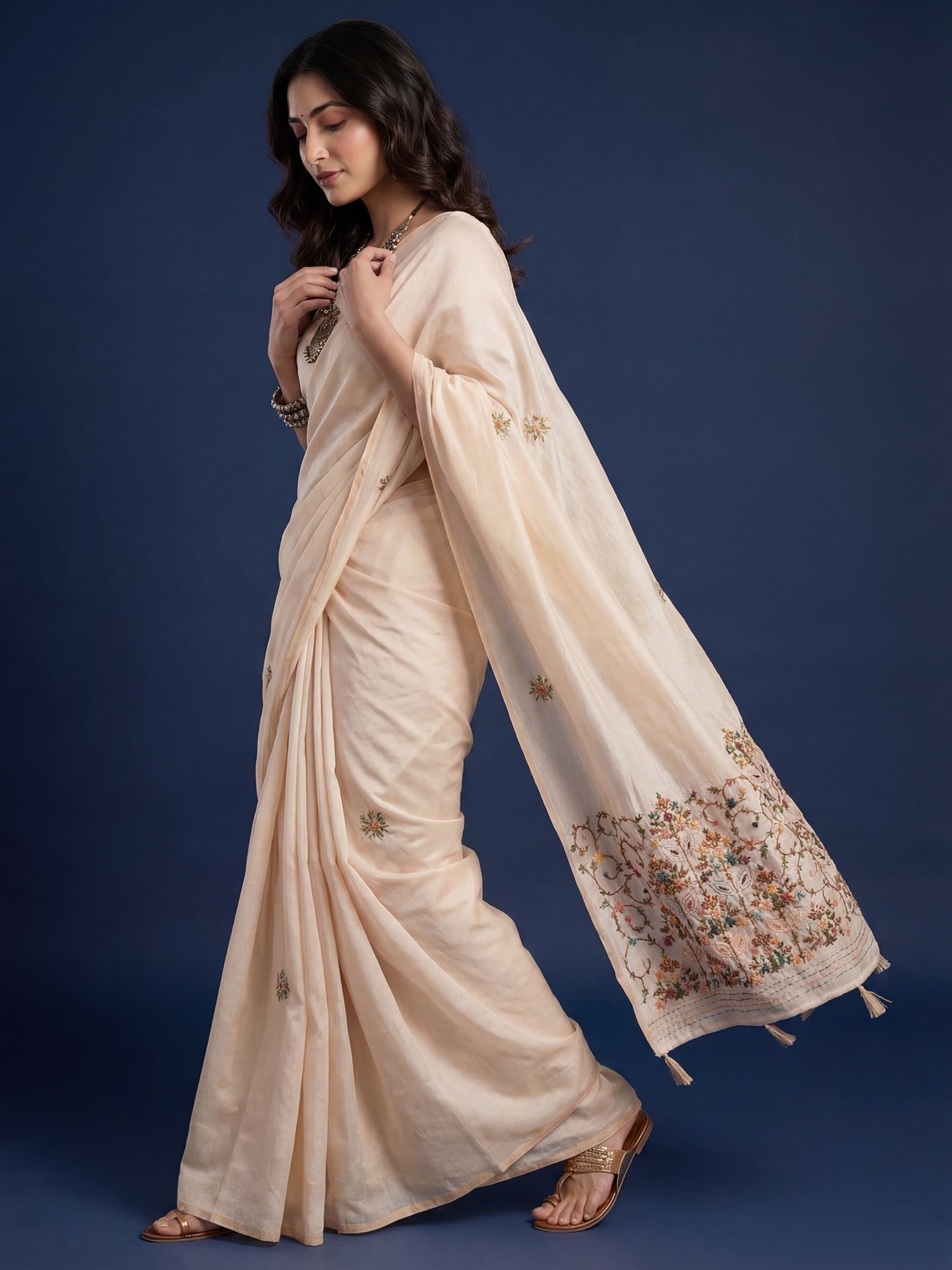 Tussar Silk Saree with Kashmiri Floral Arch Embroidery - Ressa