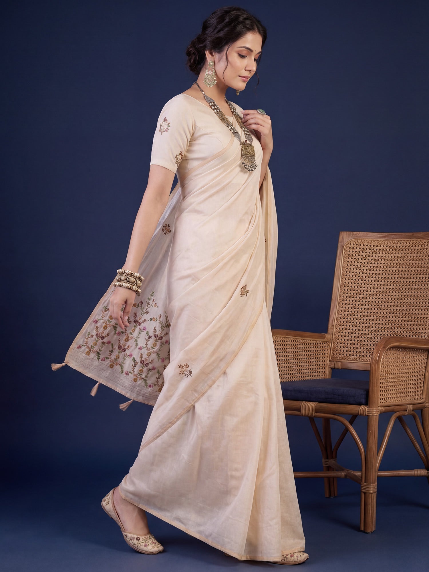 Tussar Silk Saree with Kashmiri Floral Vine Embroidery - Ressa