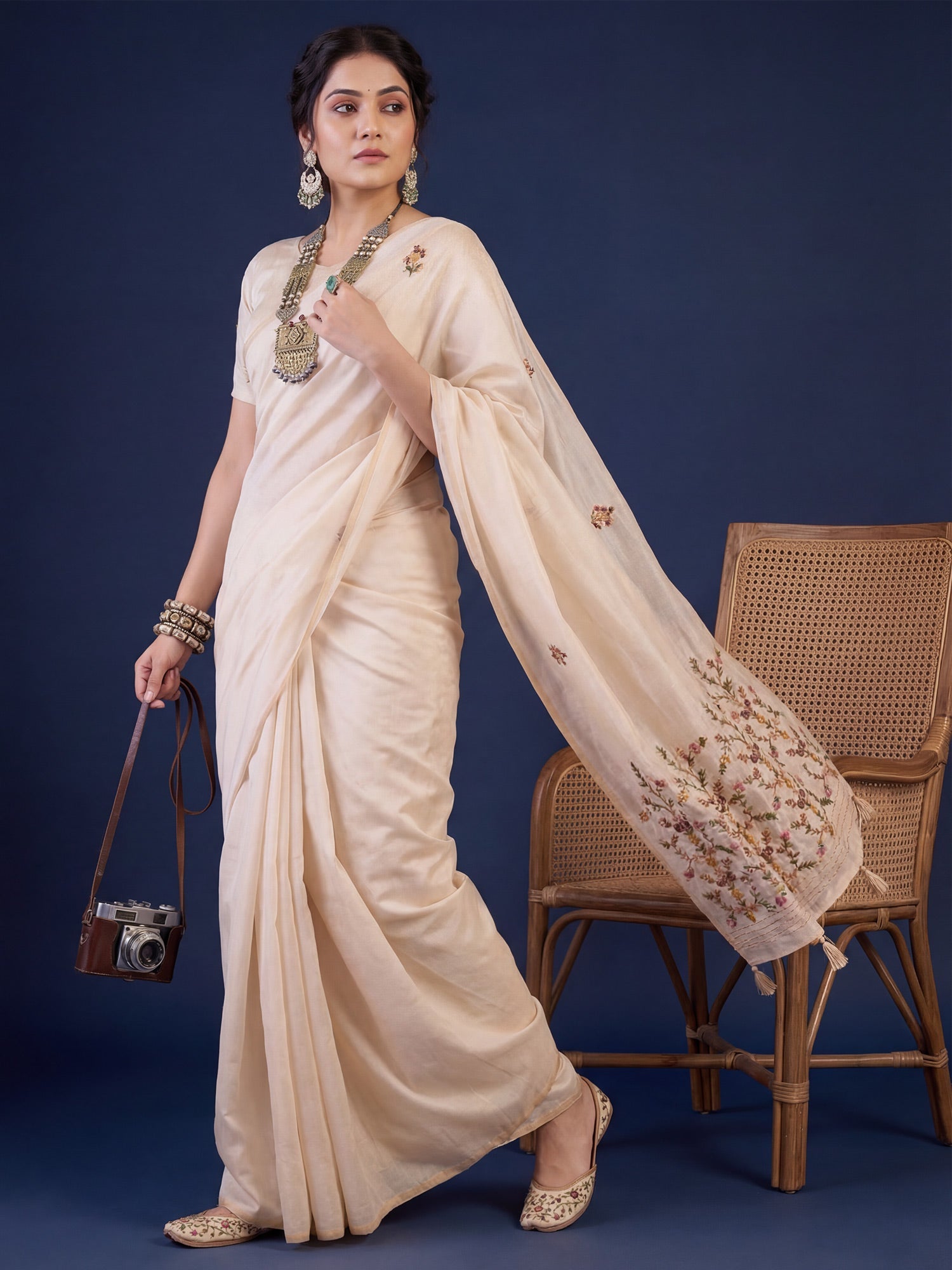 Tussar Silk Saree with Kashmiri Floral Vine Embroidery - Ressa