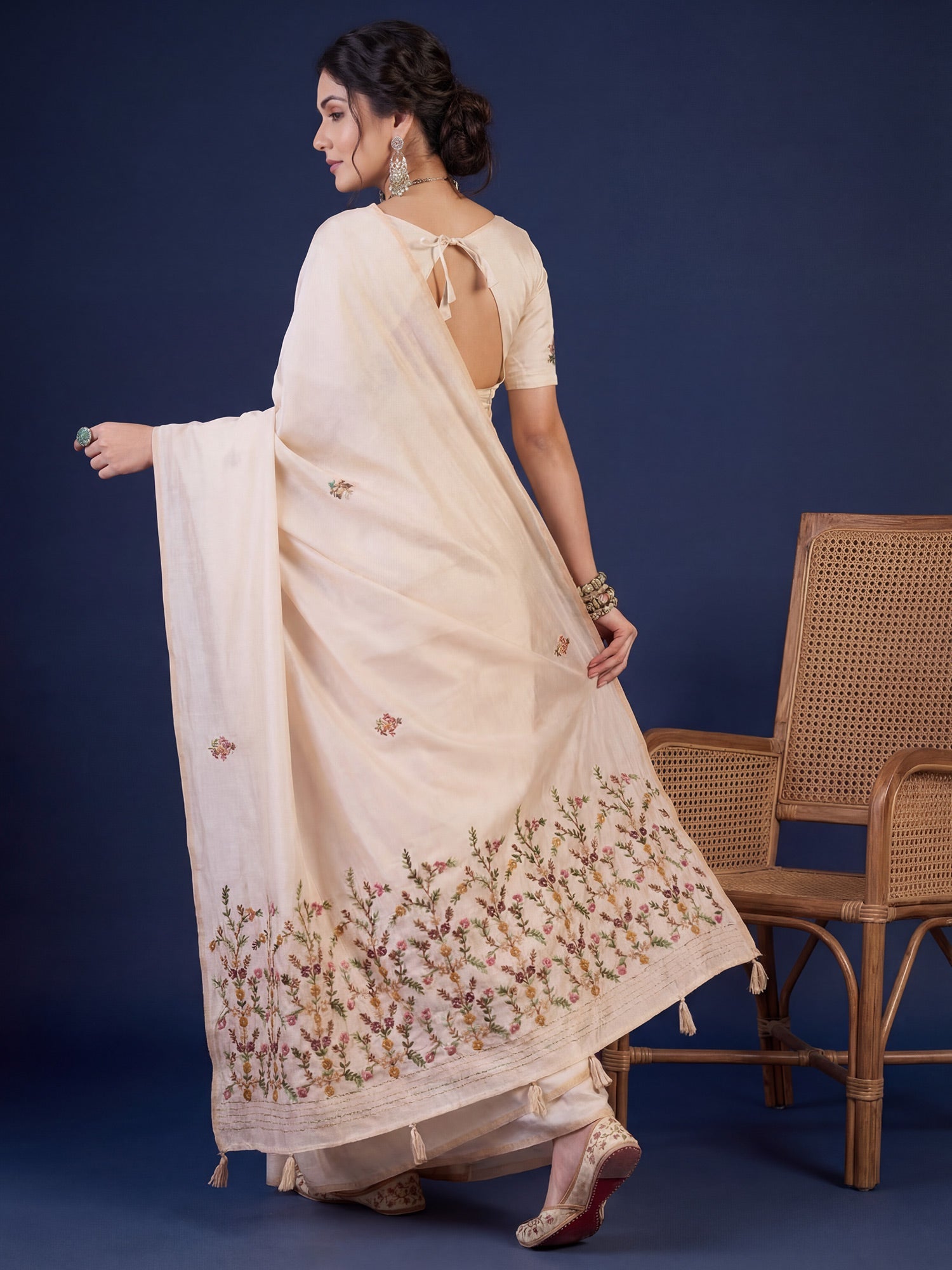 Tussar Silk Saree with Kashmiri Floral Vine Embroidery - Ressa