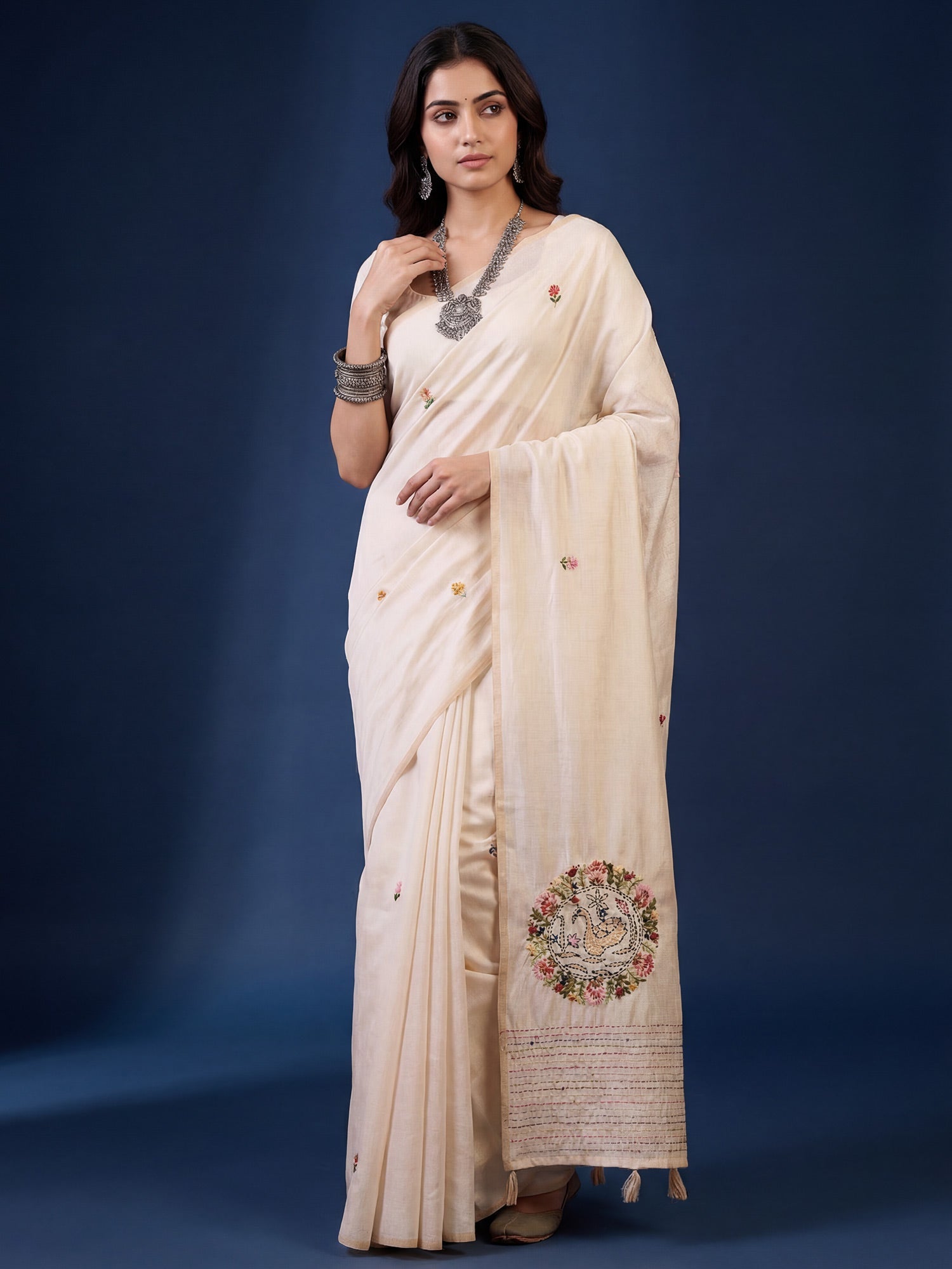 Tussar Silk Saree with Kashmiri Peacock Mandala - Ressa