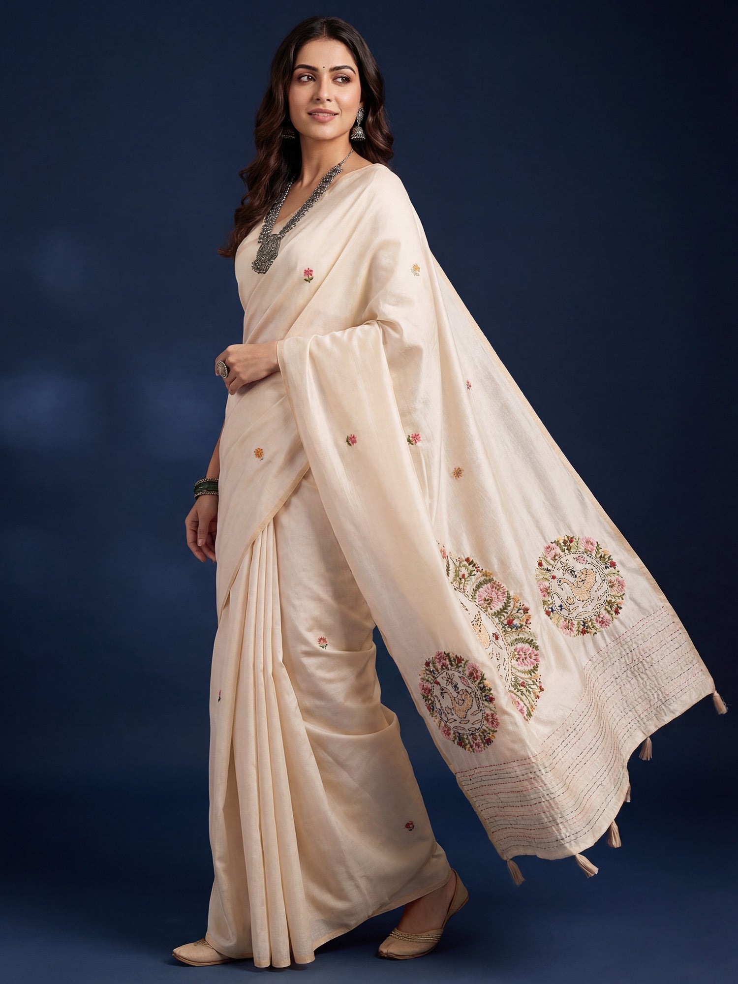 Tussar Silk Saree with Kashmiri Peacock Mandala - Ressa