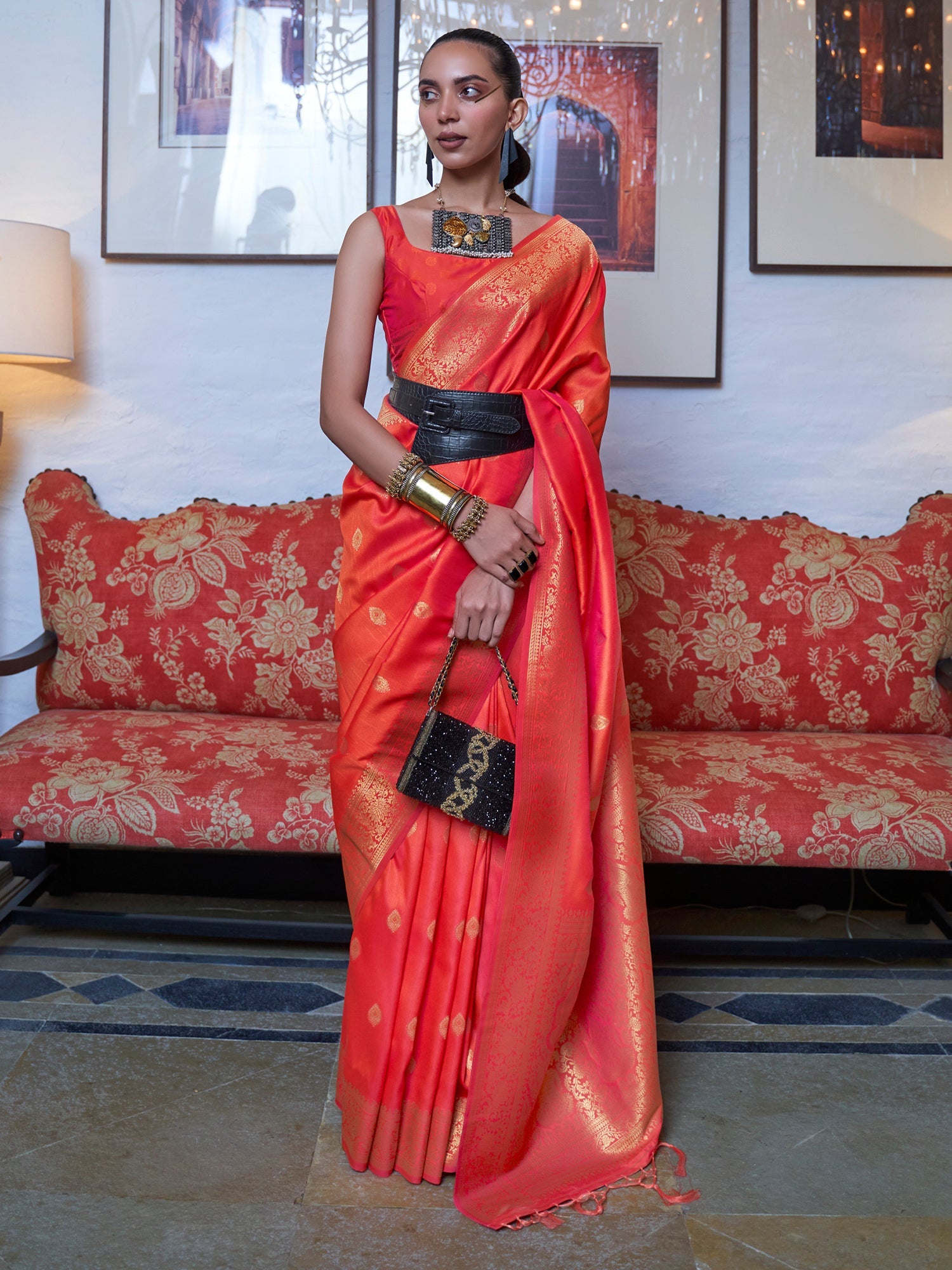 two-tone Red Banarasi Silk Blend Saree - Ressa