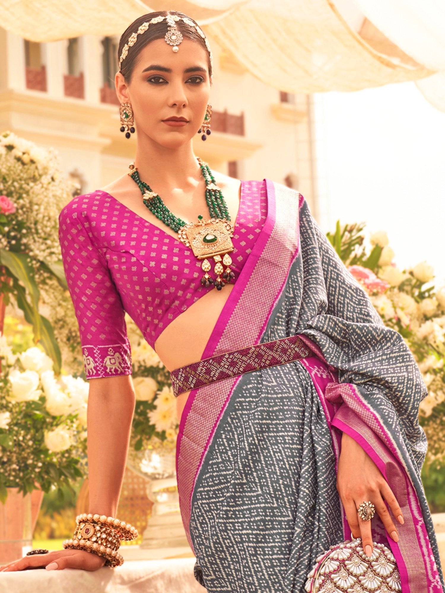 Grey & Magenta Silk Blend Heritage Banarasi Style Saree - Ressa