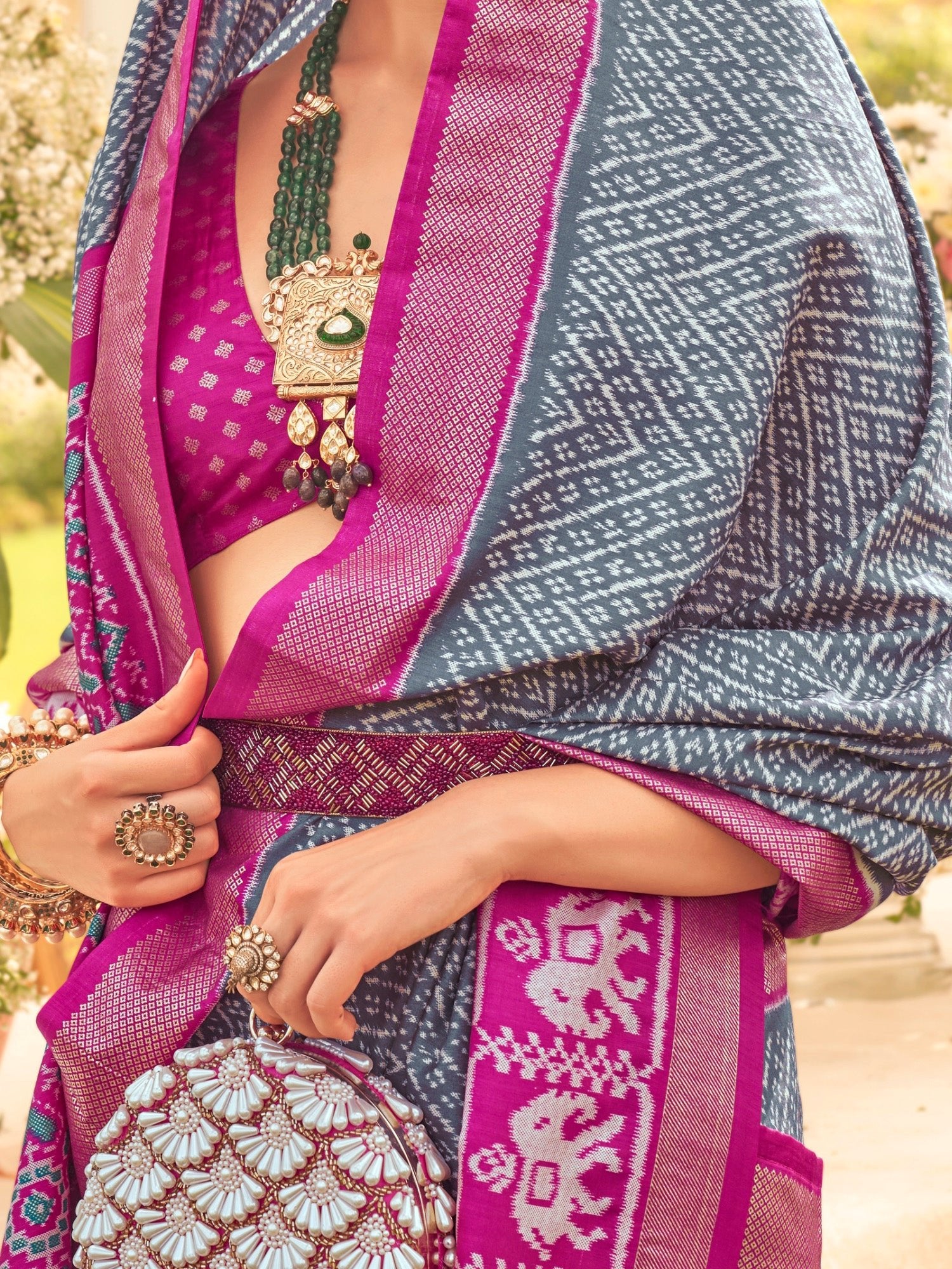 Grey & Magenta Silk Blend Heritage Banarasi Style Saree - Ressa