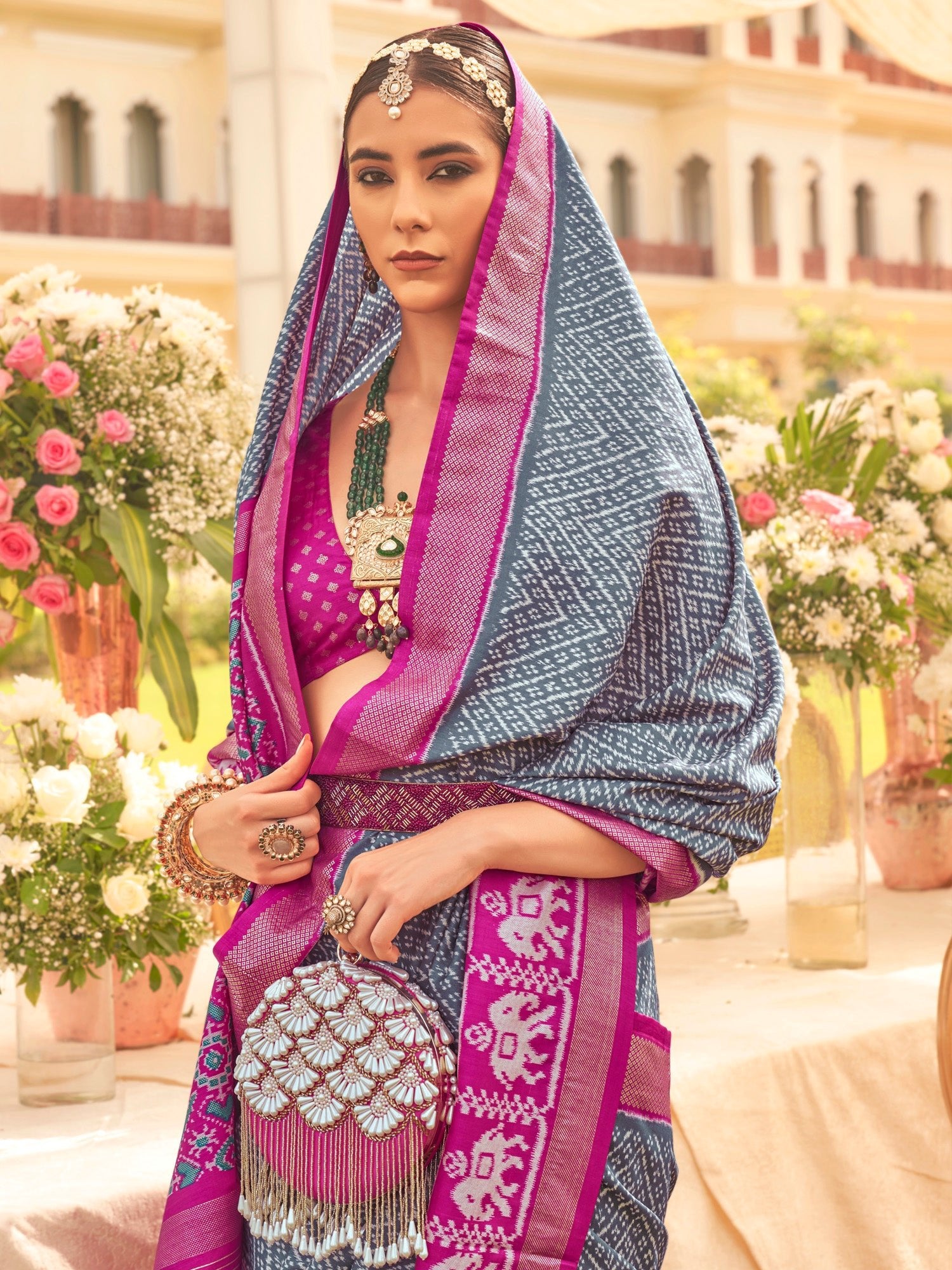 Grey & Magenta Silk Blend Heritage Banarasi Style Saree - Ressa