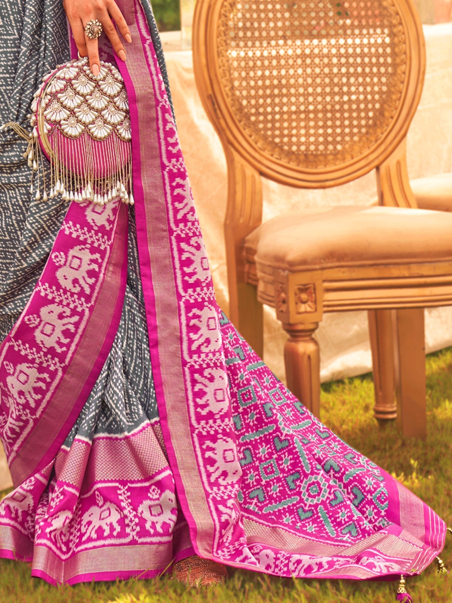 Grey & Magenta Silk Blend Heritage Banarasi Style Saree - Ressa