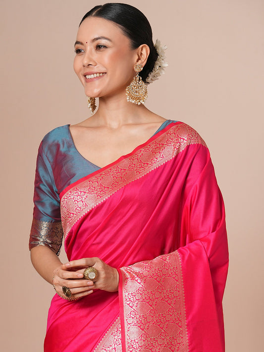 Vibrant Hot Pink Banarasi Pure Silk Saree - Ressa