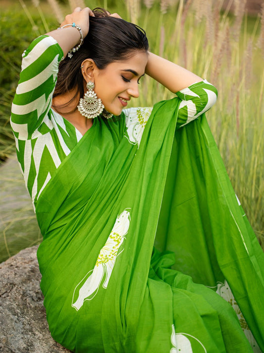 Vibrant Lime Green Cotton Saree - Ressa