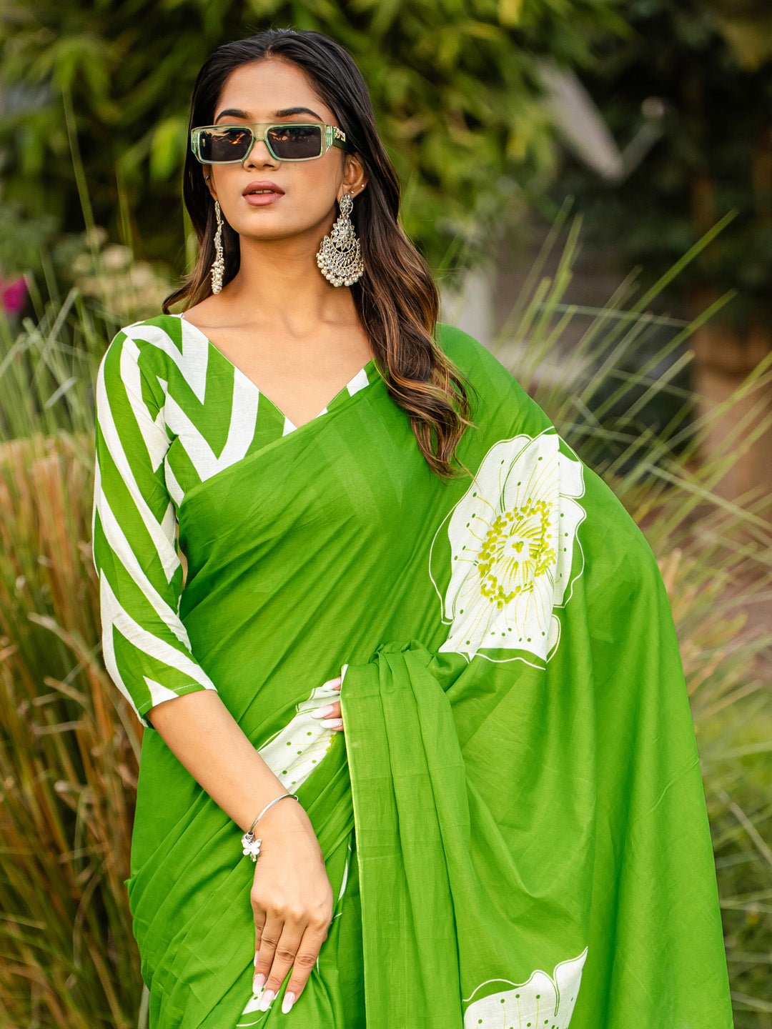 Vibrant Lime Green Cotton Saree - Ressa