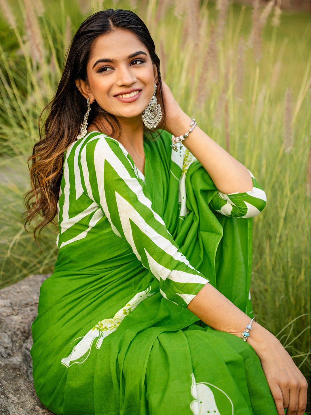 Vibrant Lime Green Cotton Saree - Ressa