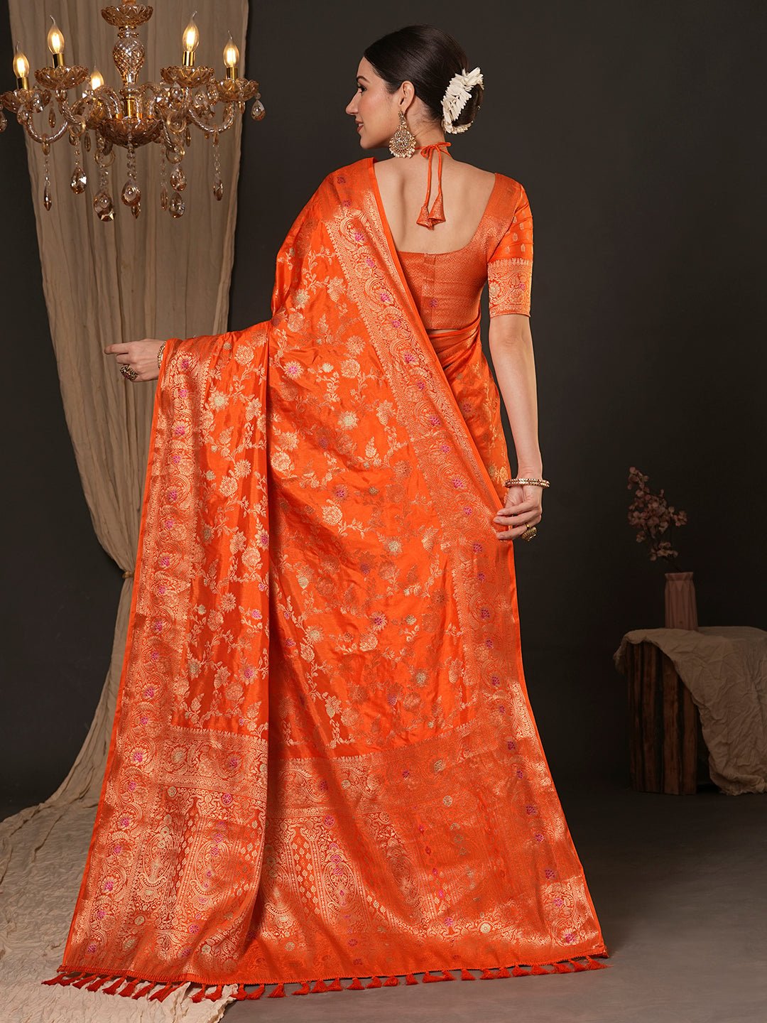 Vibrant Orange Banarasi Saree - Ressa