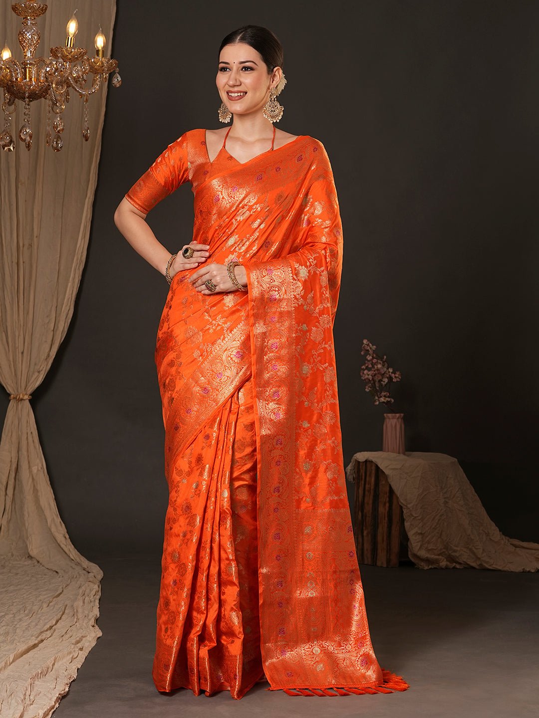 Vibrant Orange Banarasi Saree - Ressa