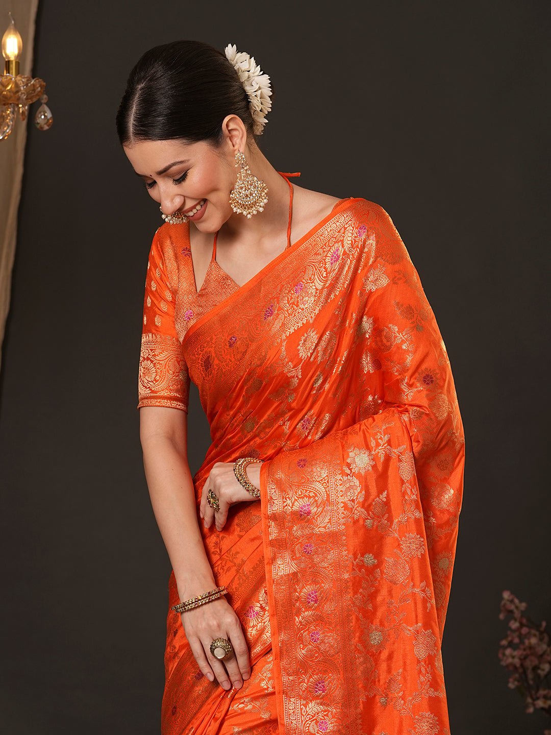 Vibrant Orange Banarasi Saree - Ressa