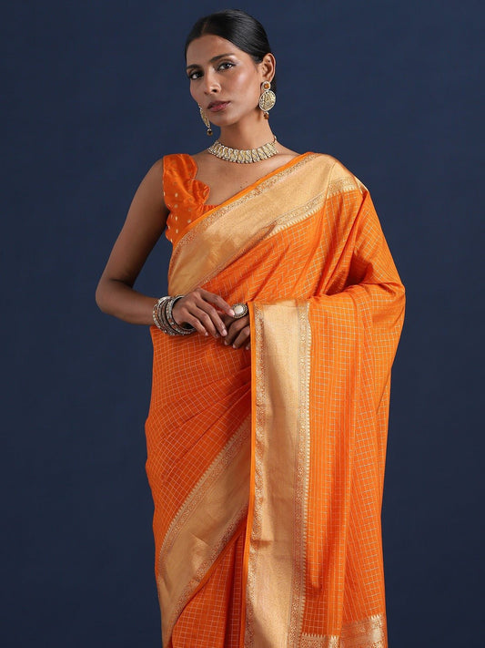 Vibrant Orange Banarasi Silk Saree - Ressa
