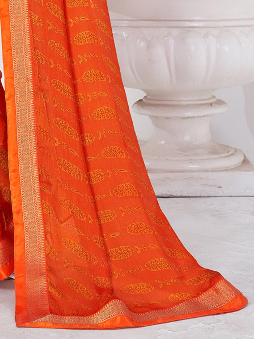 Vibrant Orange Printed Silk Blend Saree - Ressa