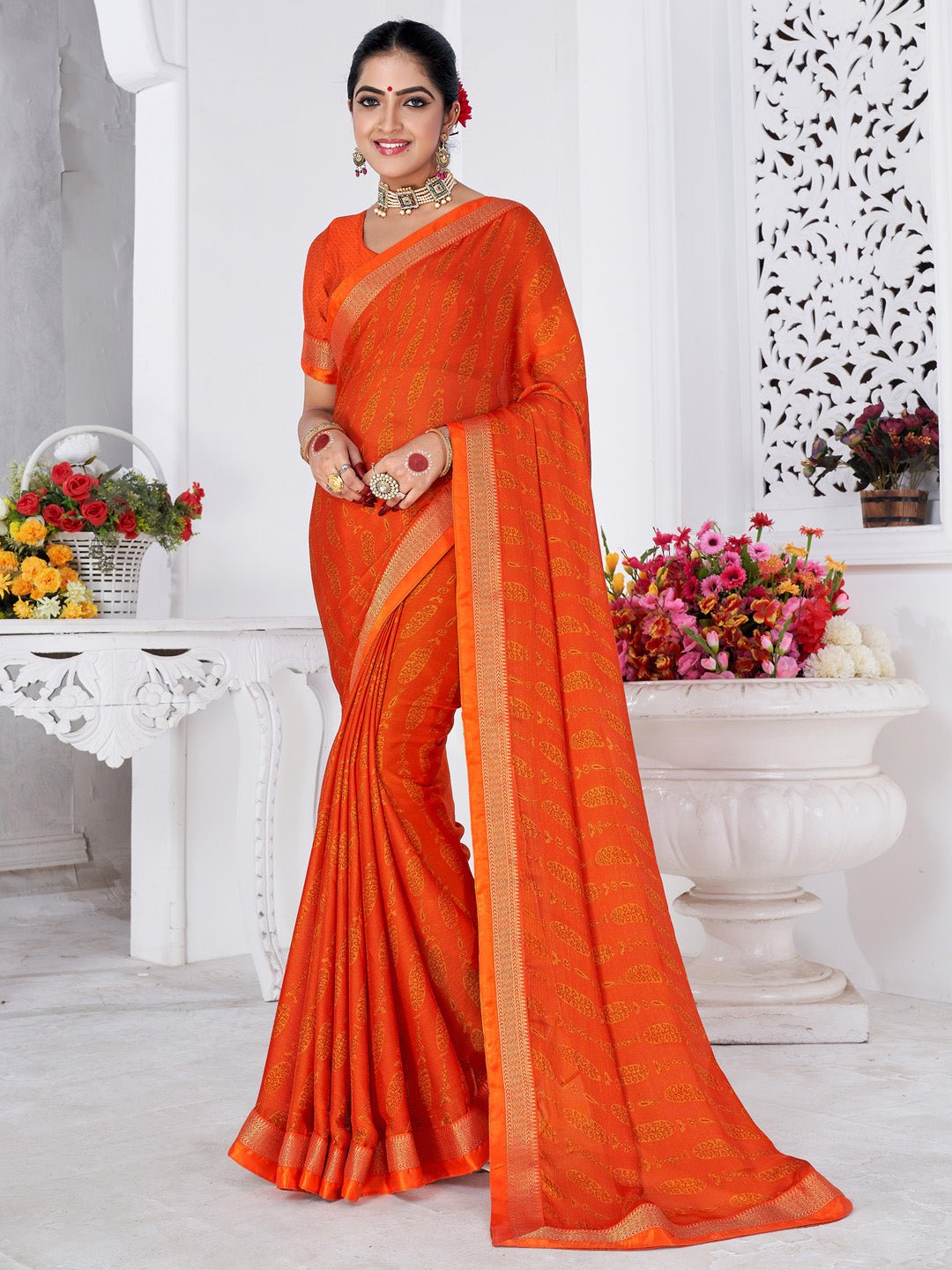 Vibrant Orange Printed Silk Blend Saree - Ressa
