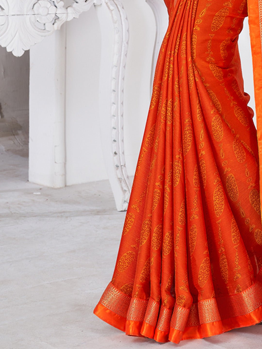 Vibrant Orange Printed Silk Blend Saree - Ressa