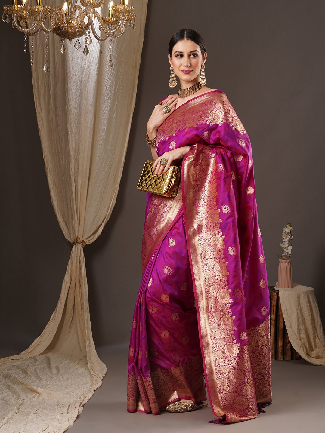 Vibrant pink Pure Banarasi Katan Silk Saree - Ressa