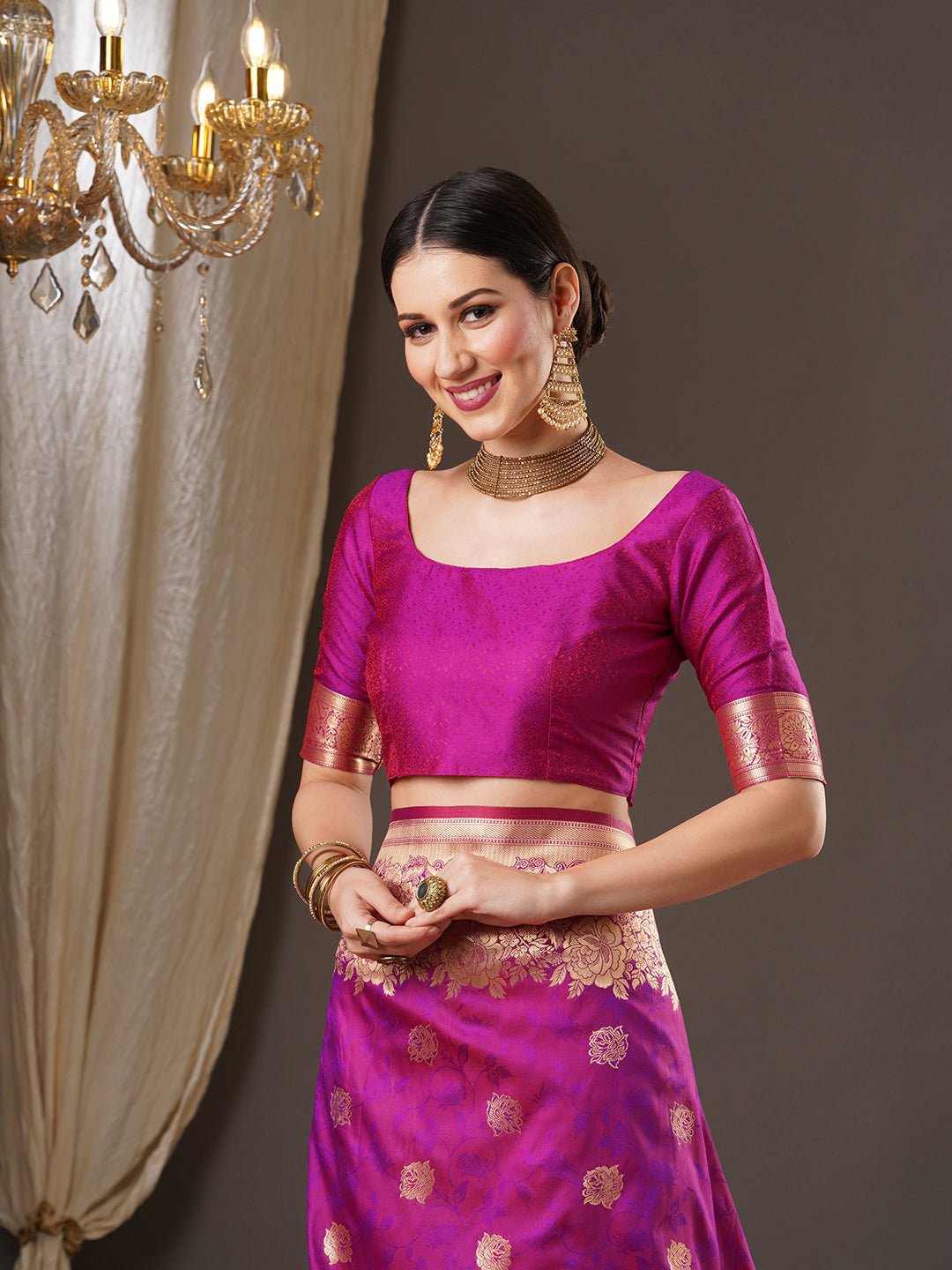 Vibrant pink Pure Banarasi Katan Silk Saree - Ressa
