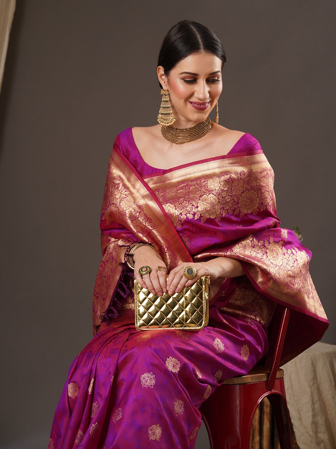 Vibrant pink Pure Banarasi Katan Silk Saree - Ressa