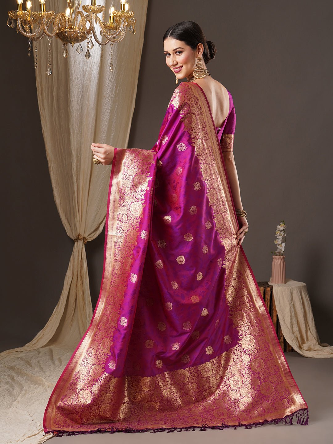 Vibrant pink Pure Banarasi Katan Silk Saree - Ressa