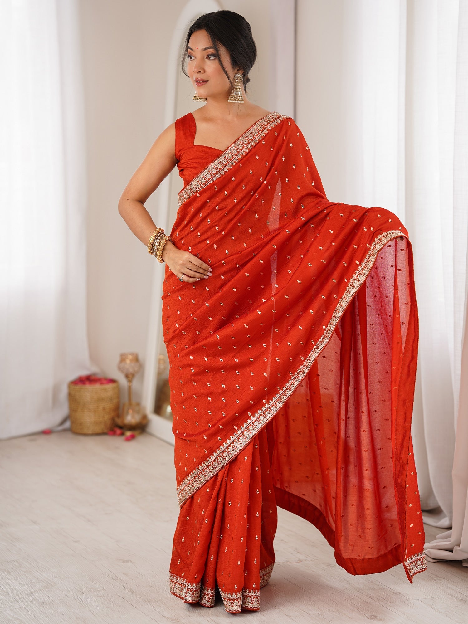 Vibrant Red Georgette Saree with Embroidered Border - Ressa