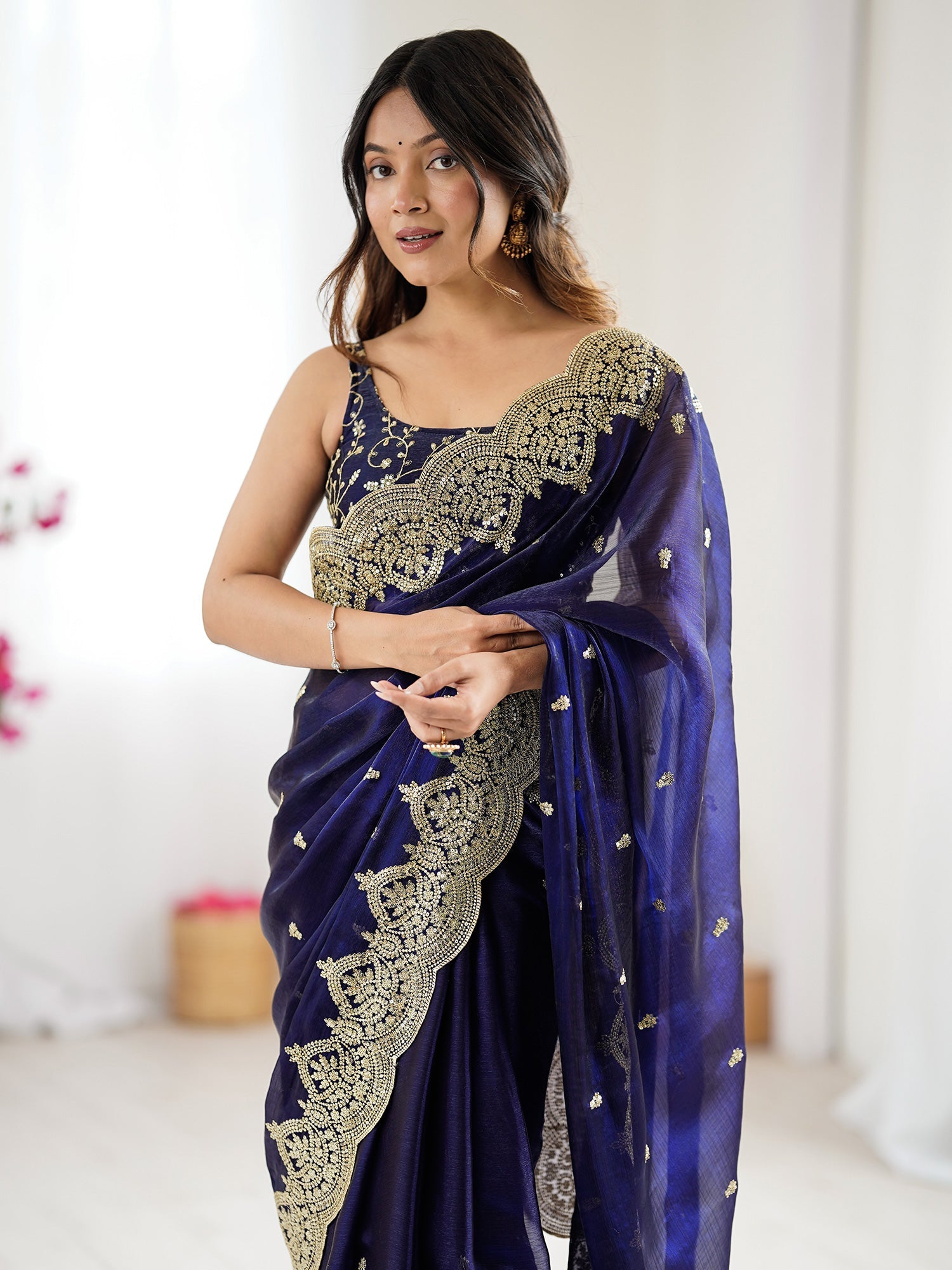 Violet Chiffon Satin Embroidered Saree - Ressa