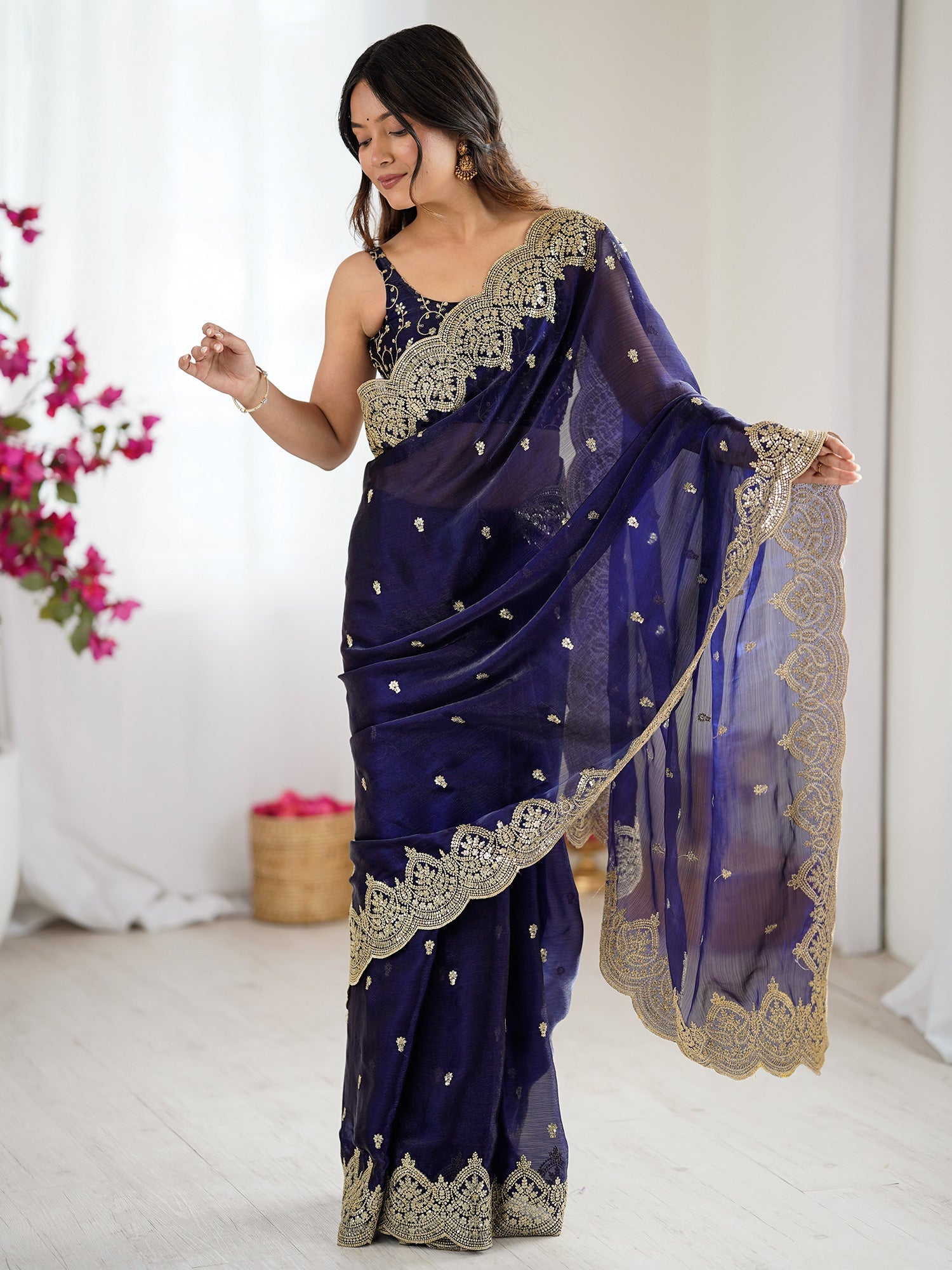 Violet Chiffon Satin Embroidered Saree - Ressa