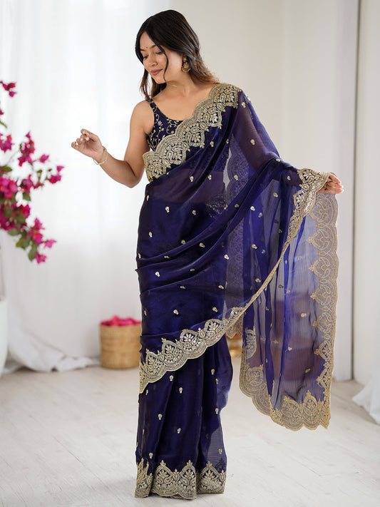 Violet Chiffon Satin Embroidered Saree - Ressa