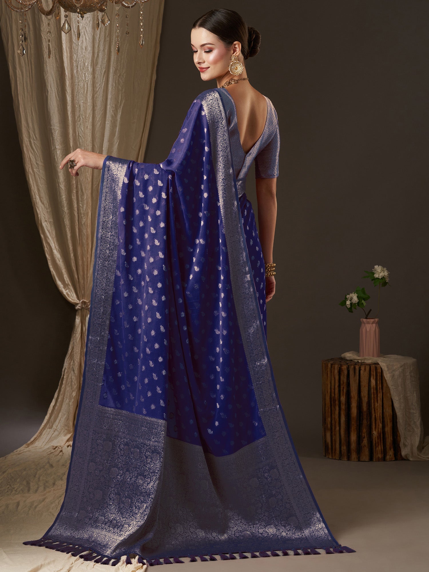 Violet Floral Georgette Saree with Jari Border - Ressa
