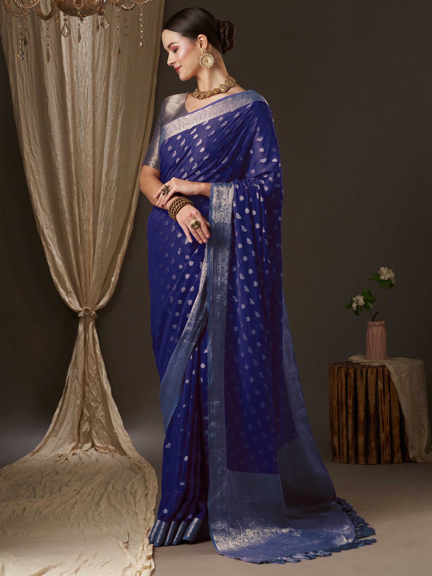 Violet Floral Georgette Saree with Jari Border - Ressa
