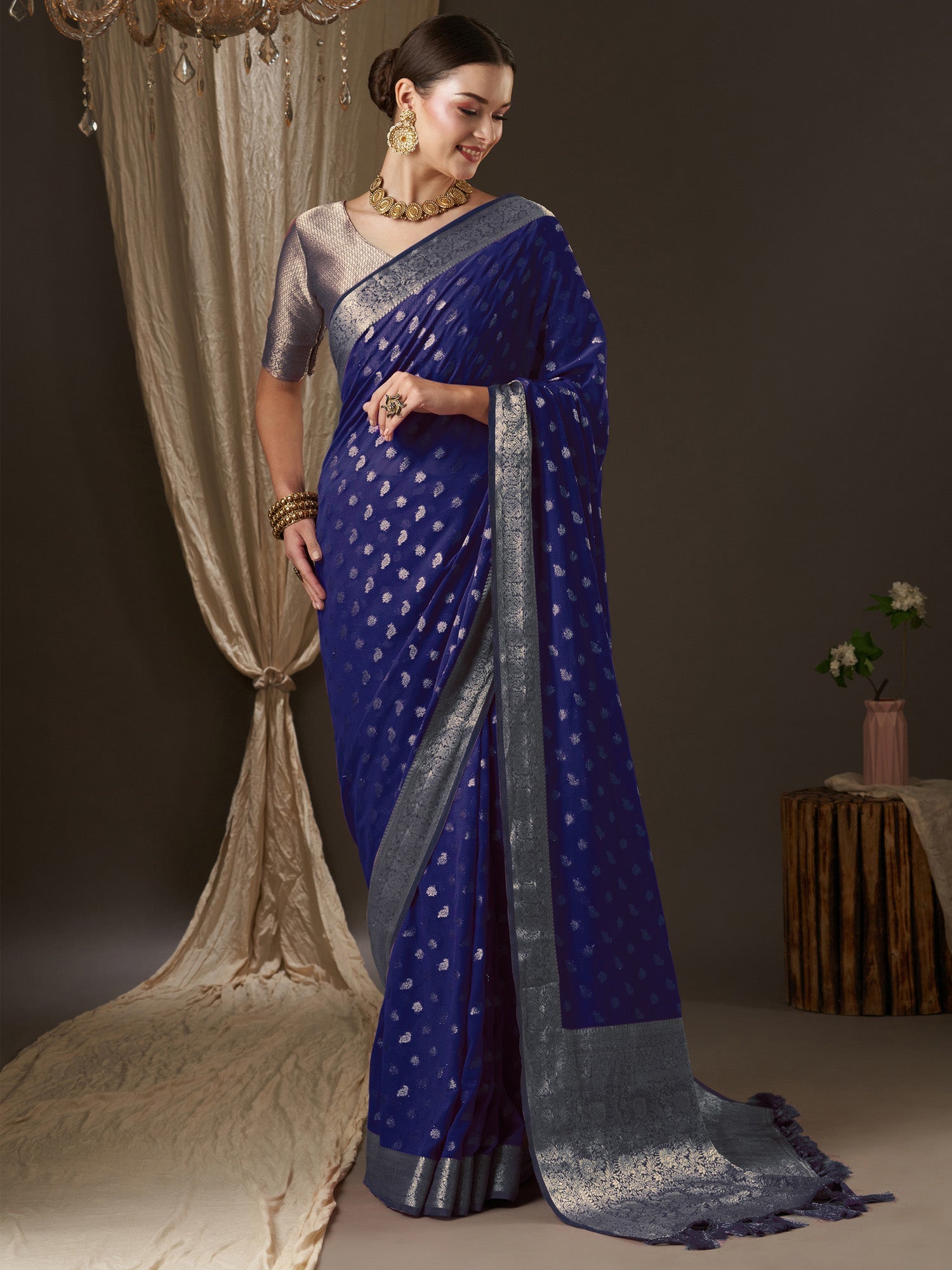 Violet Floral Georgette Saree with Jari Border - Ressa