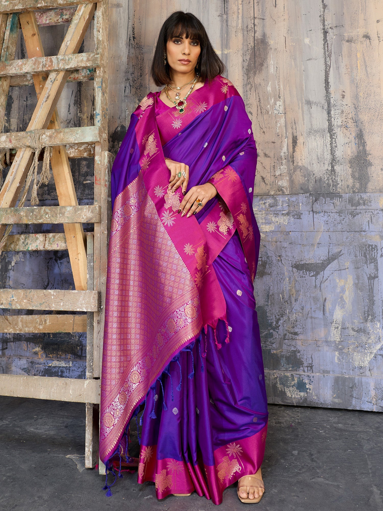 Violet & Pink Banarasi Silk Blend Saree - Ressa