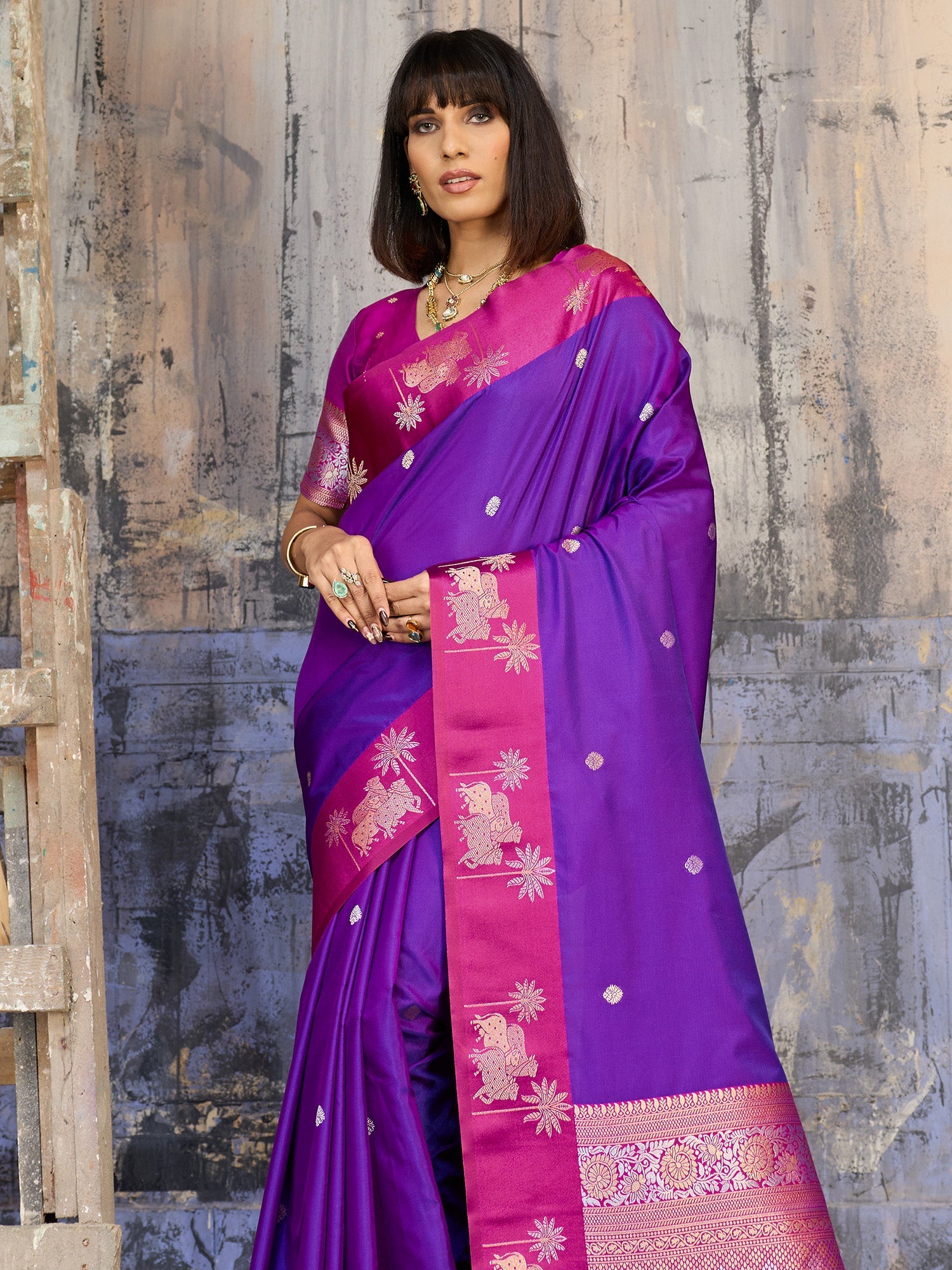 Violet & Pink Banarasi Silk Blend Saree - Ressa