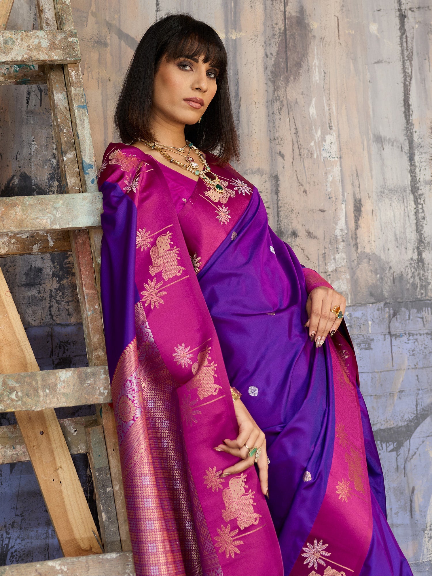 Violet & Pink Banarasi Silk Blend Saree - Ressa