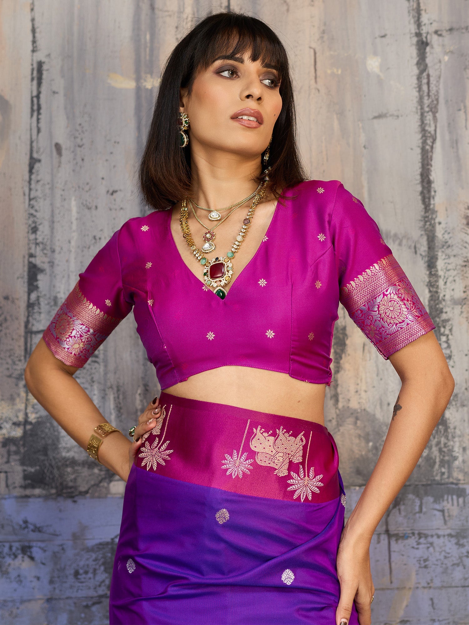 Violet & Pink Banarasi Silk Blend Saree - Ressa