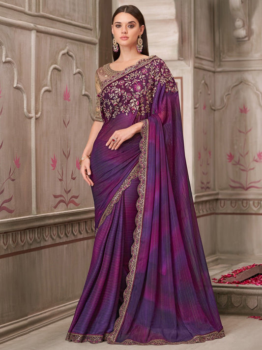 Violet Polyester Embroidered Border saree - Ressa