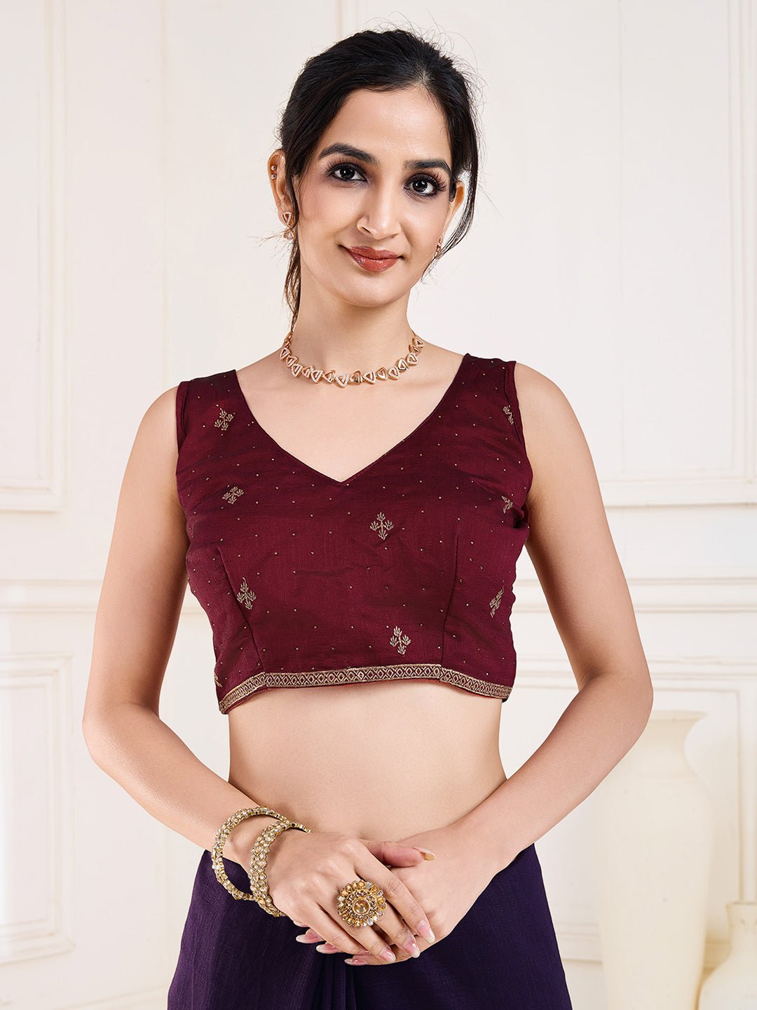 Violet Polyester Embroidered Border Saree - Ressa