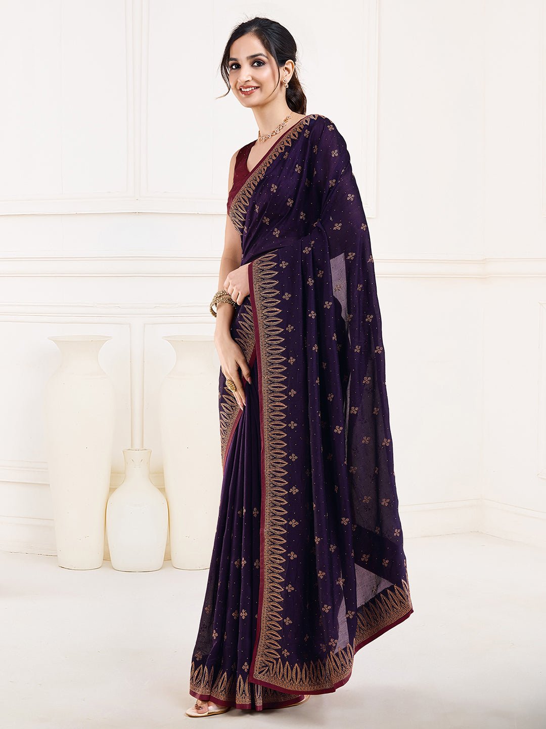 Violet Polyester Embroidered Border Saree - Ressa