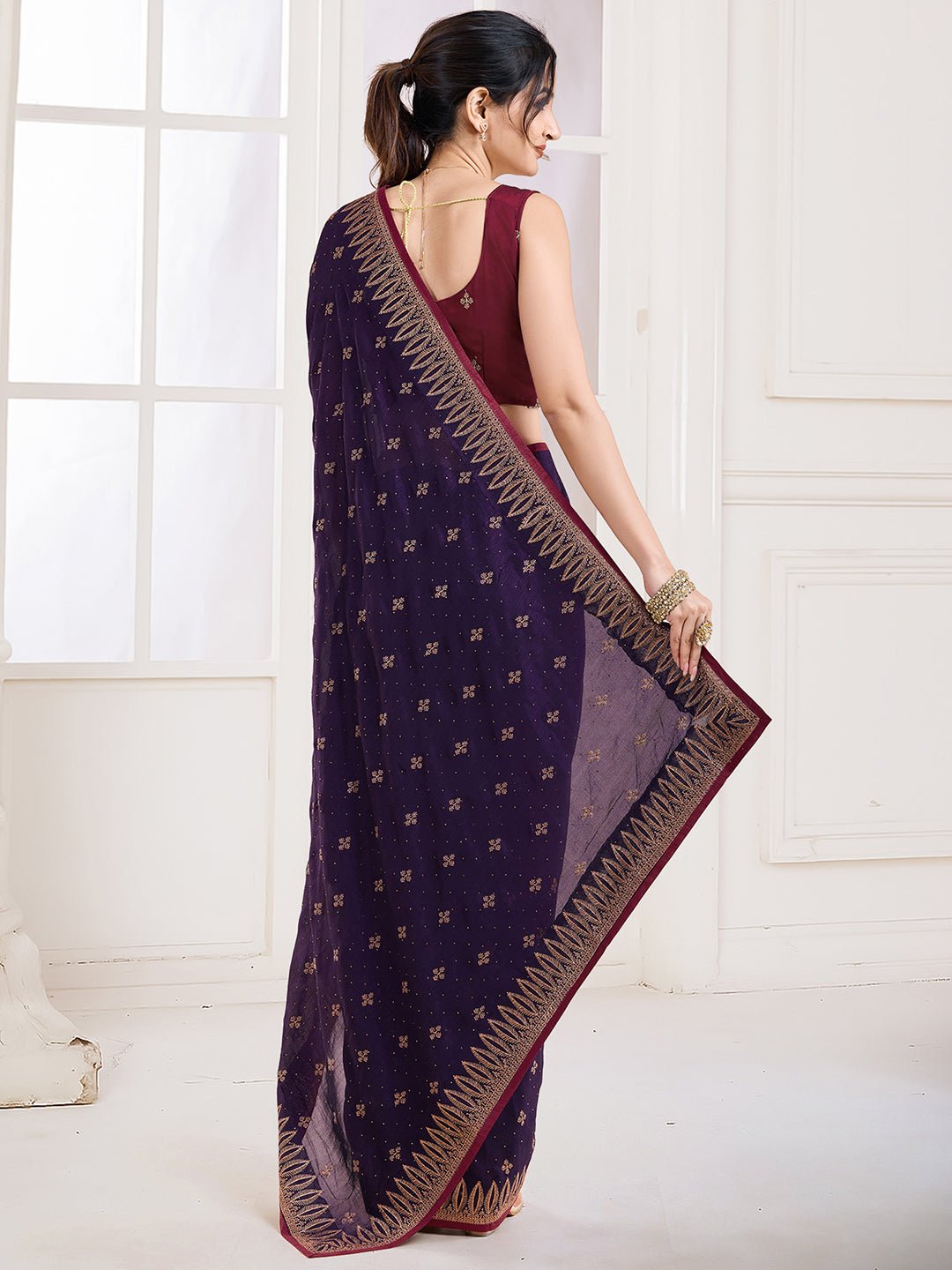 Violet Polyester Embroidered Border Saree - Ressa