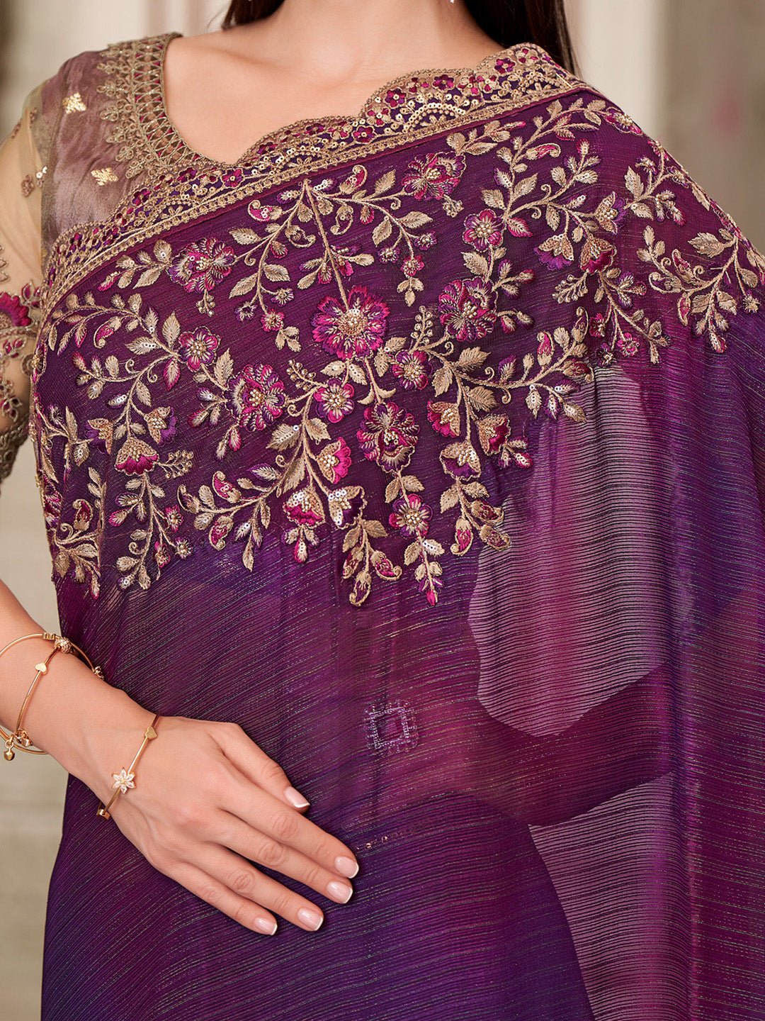 Violet Polyester Embroidered Border saree - Ressa
