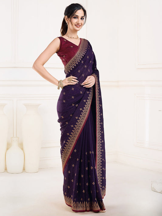Violet Polyester Embroidered Border Saree - Ressa