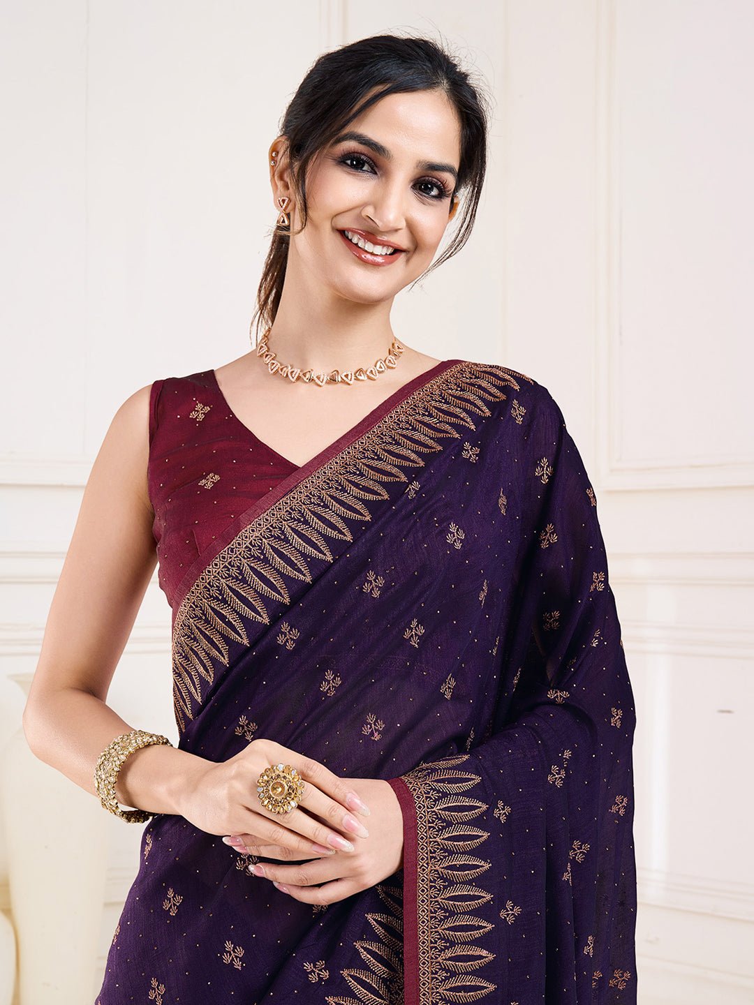 Violet Polyester Embroidered Border Saree - Ressa