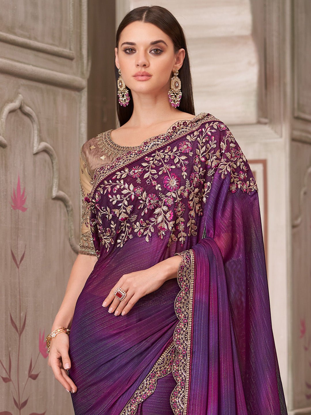 Violet Polyester Embroidered Border saree - Ressa