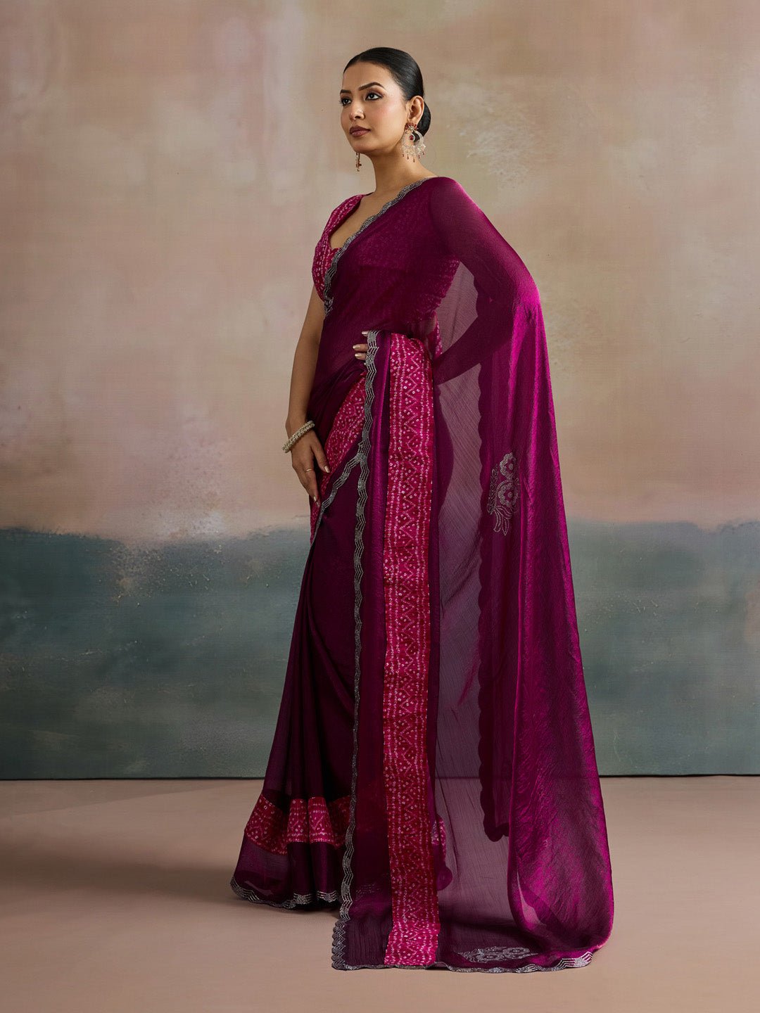 Violet Polyester Heritage Bandhani Style Saree - Ressa