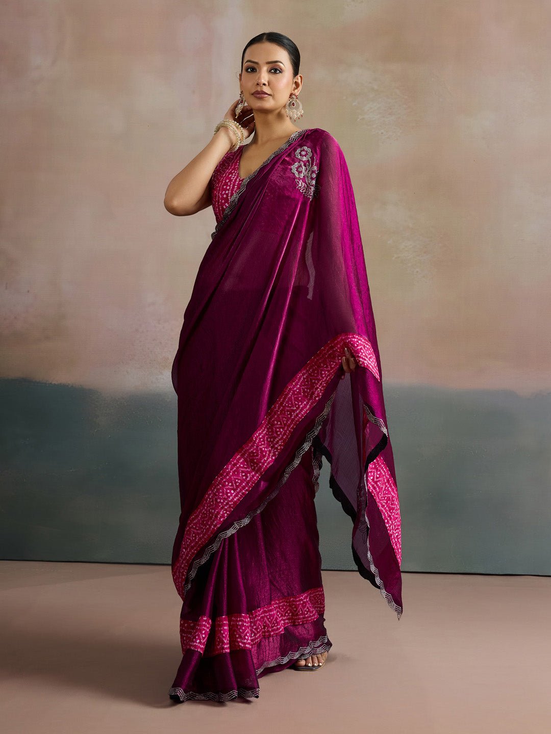 Violet Polyester Heritage Bandhani Style Saree - Ressa