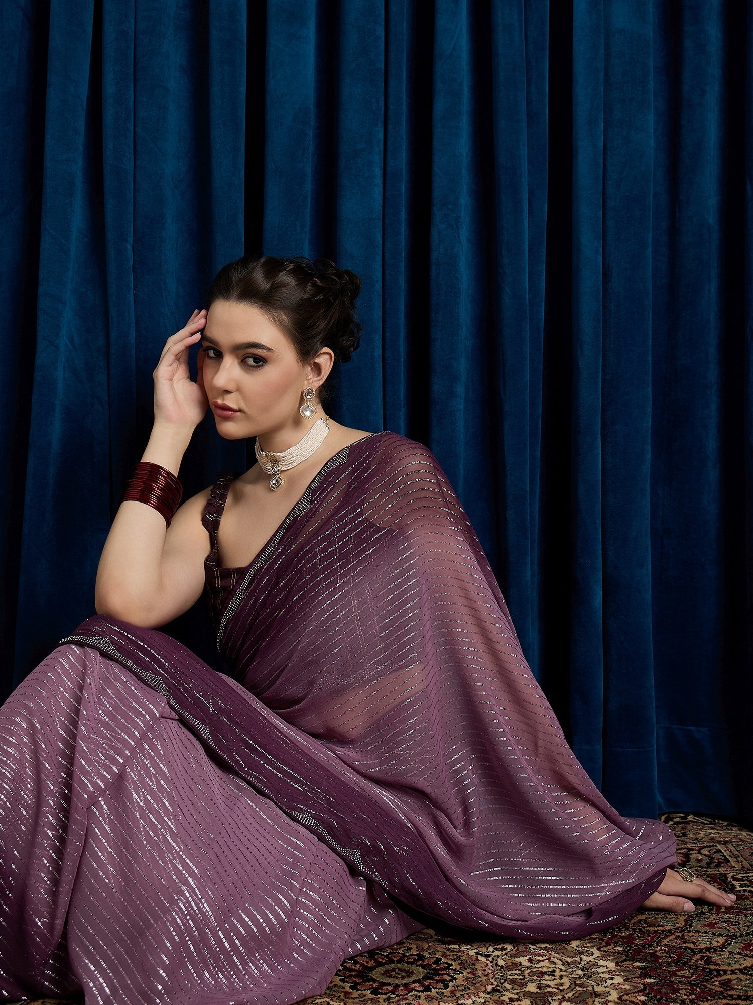 Violet Polyester Sequin Embroidered Modern Aesthetic Saree - Ressa